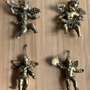 4 VTG Gold Tone Plastic Music Cherub Angel Christmas Ornaments 2.5”-3.5” Italy