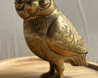 VTG MCM Athena Owl Figurine Hand Crafted Brass Light Statue Paperweight 4” H