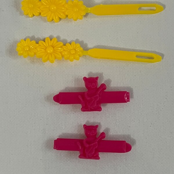 2 Sets VTG 1980s Snap Tight GOODY Plastic Hair Barrettes Flowers & Fiddling Cats
