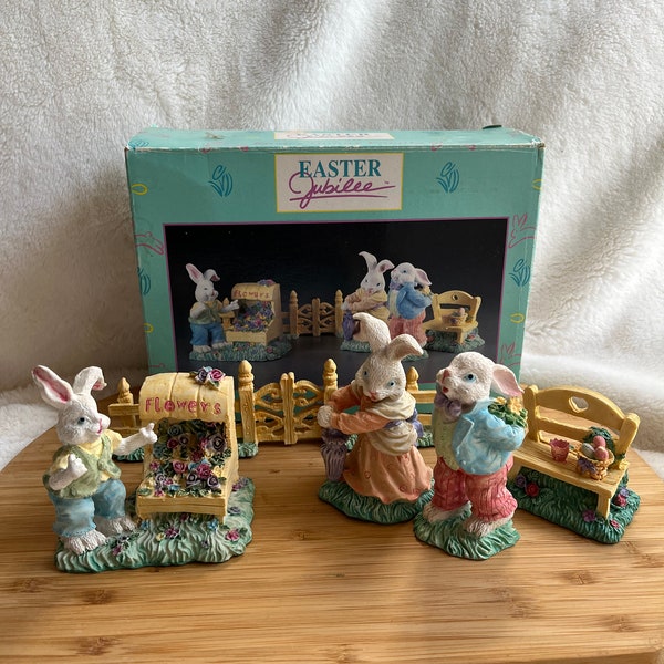 VTG Easter Jubilee Easter Bunny Family Figurines Set of 5 Flower Stand w/ Box Kmart