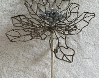 VTG Large French? Glass Seed Beaded Silver & Clear Flower 10 in READ