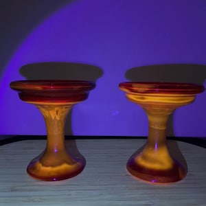 RARE 2 VTG Ruby Red Amberina Glass Colonial Candle Pilar Candle Holders VHTF