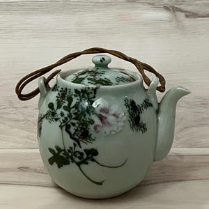 May include: A pale green ceramic teapot featuring a hand-painted floral design with dark green leaves and pink blossoms. The teapot includes a matching lid and a curved spout, finished with a flexible, thin brown vine-like handle attached to two loops.