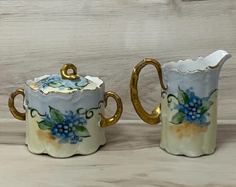 VHTF VTG Rosenthal Monbijou Bavaria Hand Painted Blue Flowers w/ Gold Trim Porcelain Creamer & Sugar Bowl Set