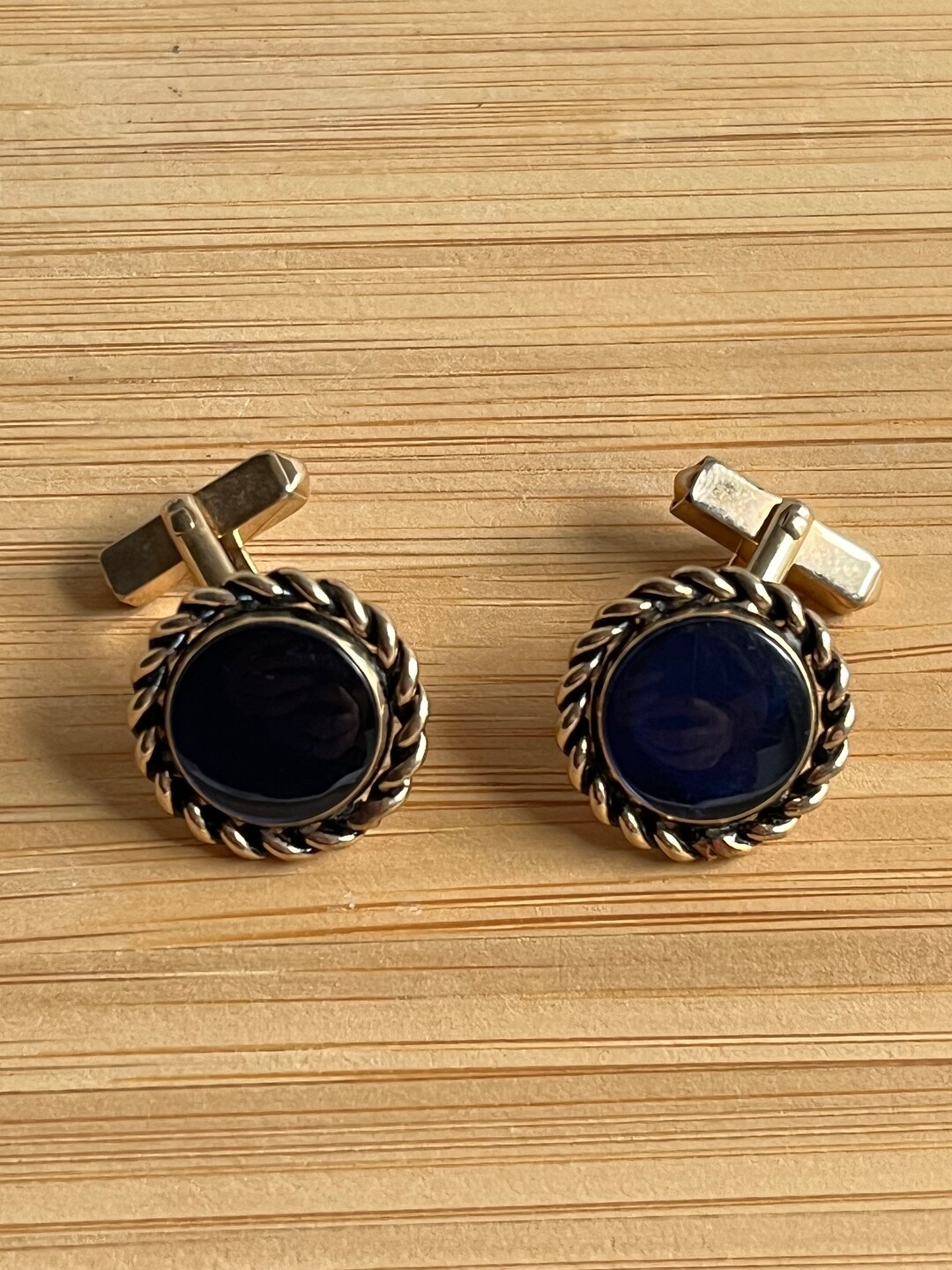 Boutons De Manchette Vintage Swank - Or Rempli, Pierre Cabochon Bleue - Occasion