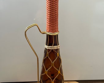 VTG 1960s Dame Jeanne Scoubidou Amber Glass Red White Wicker Gold Wire Vase Art