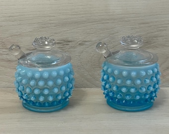 2 VTG Fenton Blue Opalescent Hobnail Glass Mustard Jars w/ Lids Spoons Paddles