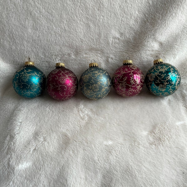 5 VTG Krebs W Germany Red Blue Gold Glitter Floral Swirl Glass Christmas Ornaments