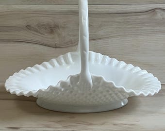 VTG 1950s MCM Fenton Hobnail Milk Glass Oval  Large Centerpiece Basket #3839