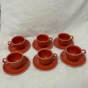 6 VTG 1980s Fiesta Orange Homer Laughlin HLC USA Lead Free Retired Tea Cups & Saucers Tea Sets 3.5&quot;
