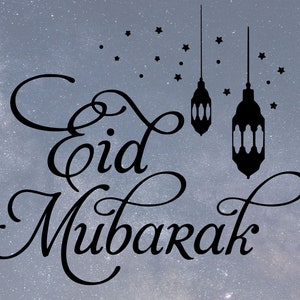 May include: A black and white illustration of the phrase "Eid Mubarak" with three hanging lanterns against a light blue starry sky background.