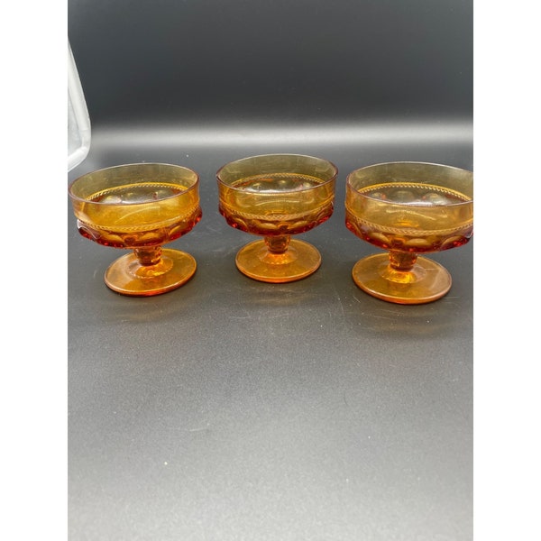 Vintage Pedestal Amber King Crown Thumbprint Champagne/Sherbert Glasses Set of 3