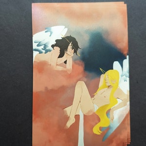 May include: A watercolor painting of two angels, one with dark hair and the other with blonde hair. The angel with dark hair is sitting with their head resting on their hand, while the angel with blonde hair is lying down with their head resting on their hand. The background is a soft red and blue.