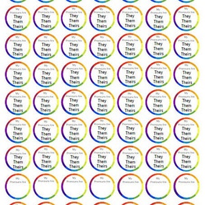 May include: Thirty-six round rainbow-colored stickers with the text "My Pronouns Are They/Them/Theirs" in white.