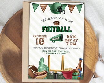 May include: Green and brown football party invitation with a football helmet, a football, a megaphone, a hot dog, a football goal post, a bowl of popcorn, a cupcake, and a bottle of beer. The invitation says "Get ready for some football" and "October 18, Kick off at 7 PM".