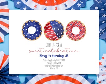Zaproszenie na urodziny 4 lipca | Zaproszenie na urodziny Donut | Zaproszenie na słodkie świętowanie | Patriotyczne zaproszenie na urodziny Donut