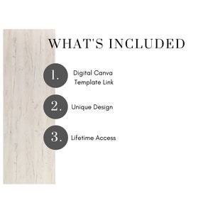 May include: What's Included: A graphic with three numbered circles. The first circle says "Digital Canva Template Link", the second circle says "Unique Design", and the third circle says "Lifetime Access".