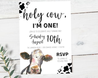 Holy Cow Birthday Invitation | First Birthday Invitation Download | Highland Cow Birthday Invite | Cow Invite Template |Farm Birthday Invite