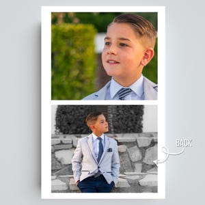 May include: A two-panel image showing a young person in a light grey suit and striped tie. The top panel is a close-up of the person's face, and the bottom panel shows the person standing and looking to the side. The word "BACK" is written on the right side of the image.