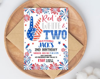 Invito di compleanno del 4 luglio / Invito di compleanno rosso bianco e due / Invito festa patriottica / Invito per il 2° compleanno rosso bianco e blu