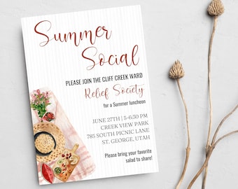 Relief Society Summer Social Invitation | Relief Society Dinner Invite | Picnic Relief Society Invitation | Relief Society Birthday Invite