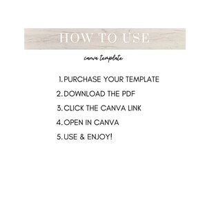 May include: A white wooden sign with the text "HOW TO USE" and "canva template" in black text. Below the sign are five numbered steps for using a Canva template: 1. Purchase your template, 2. Download the PDF, 3. Click the Canva link, 4. Open in Canva, 5. Use & Enjoy!
