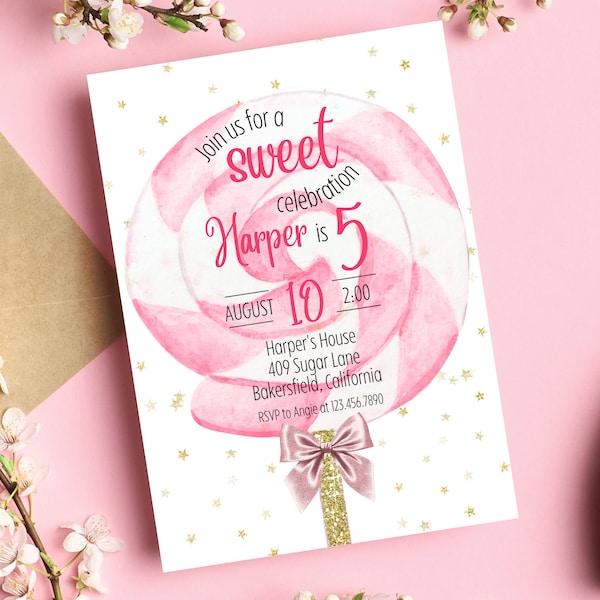 Lollipop Birthday Invitation | Sweet Celebration Birthday Invitation | Lollipop Candy Birthday Party Invitation | Any Age Candy Party