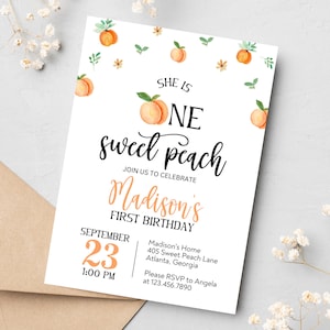 Sweet Peach Party Invitation | One Sweet Peach | Sweet As A Peach | One Sweet First Birthday | She Is One Sweet Peach | Peach Birthday