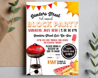 Pode incluir: Convite para uma festa de rua na Sanders Street no sábado, 30 de julho, das 17h às 22h. O convite apresenta uma churrasqueira vermelha e preta, uma melancia, um cachorro-quente, um hambúrguer, um picolé e um sol. O texto "Não esqueça suas cadeiras!" está escrito em um círculo.