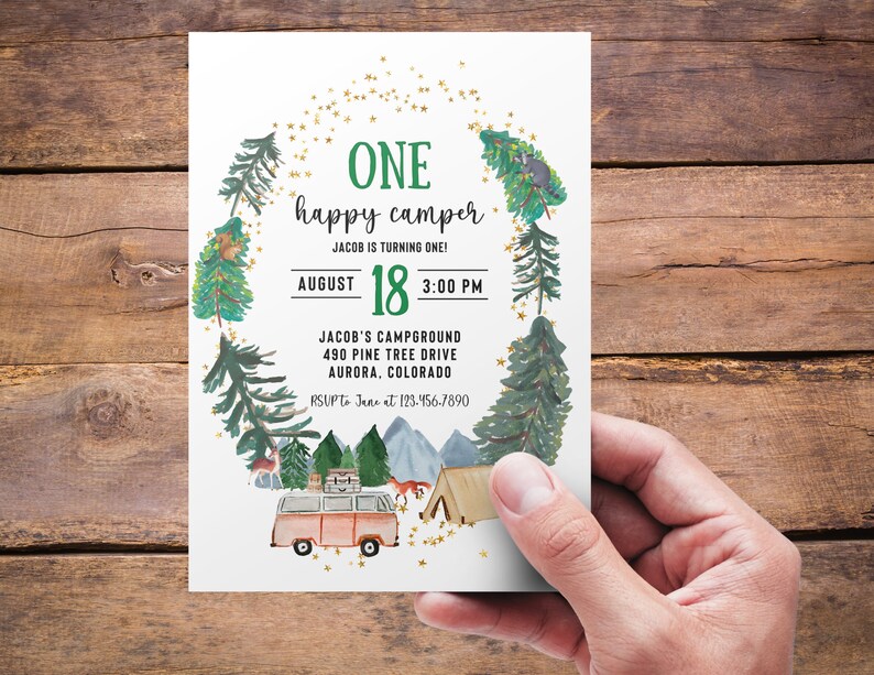 One Happy Camper Birthday Invitation Camping Birthday Party One Happy