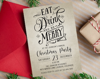 Eat Drink And Be Merry Christmas Party Invitation | Holiday Party Invitation | Vintage Christmas Party Invitation | Holiday Party Christmas