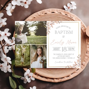 May include: A baptism invitation with a gold frame and floral accents. The invitation includes the name Emily Mason, the date August 18, the time 1:00 PM, and the location The Church of Jesus Christ of Latter-day Saints, 740 Lincoln Avenue, Payson, UT. The invitation also includes the text "Luncheon to follow."