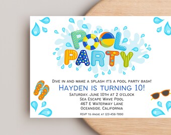 Puede incluir: Invitación a una fiesta de piscina con un diseño de salpicaduras azul y amarillo. El texto dice "Pool Party" con una fuente de estilo de dibujos animados colorida. La invitación es para el cumpleaños número 10 de Hayden. La fiesta se llevará a cabo en Sea Escape Wave Pool el 10 de junio a las 2 en punto. La dirección es 467 E Waterway Lane, Oceanside, California. RSVP a Angie al 123-456-7890.