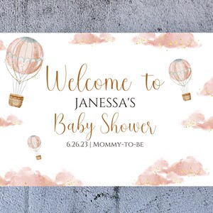 Avontuur wacht op baby shower welkomstbord | Babyshower met hete luchtballon | Welkomstbord babyshower | Meisje baby shower welkom teken