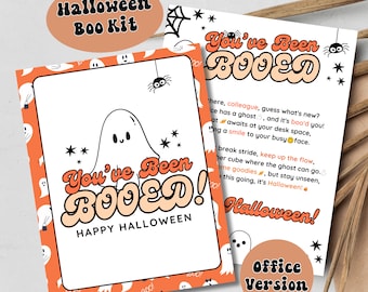 May include: A printable Halloween "You've Been Booed!" card with a ghost and orange and white background. The card says "Happy Halloween" and has a smaller version of the card with the text "Office Version".