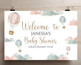 Przygoda czeka na znak powitalny na baby shower | Baby shower z balonem na gorące powietrze | Znak powitalny na baby shower | Znak powitalny na baby shower dla bliźniaków