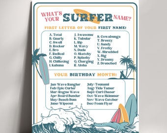 What's Your Surfer Name Printable Game, Surfer Name Party Printable, Surfing Birthday, Beach Party, Beach Birthday, Pool Party Printable
