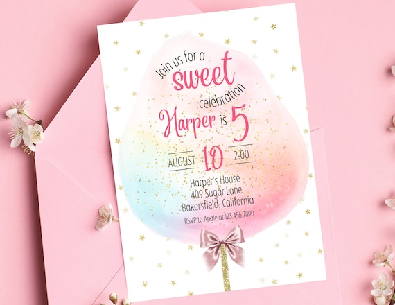 Cotton Candy Birthday Invitation | Sweet Celebration Birthday Invitation | Cotton Candy Birthday Party Invitation | Any Age Candy Party
