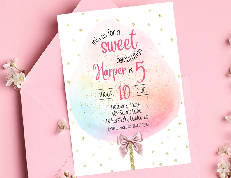 Cotton Candy Birthday Invitation | Sweet Celebration Birthday Invitation | Cotton Candy Birthday Party Invitation | Any Age Candy Party image 1
