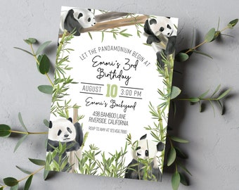 May include: A white invitation with green bamboo and black and white panda bears. The text reads "Let the Pandamonium Begin at Emmi's 3rd Birthday, August 10, 3:00 PM, Emmi's Backyard, 498 Bamboo Lane, Riverside, California, RSVP to Amy at 1234567890".