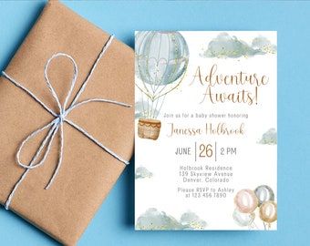 Adventure Awaits Baby Shower Invitation | Hot Air Balloon Baby Shower Invitation | Baby Boy Invitation | Baby Boy Baby Shower Invite
