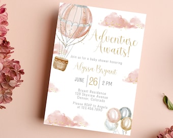 Adventure Awaits Baby Shower Invitation | Hot Air Balloon Baby Shower Invitation | Baby Girl Invitation | Baby Girl Baby Shower Invite