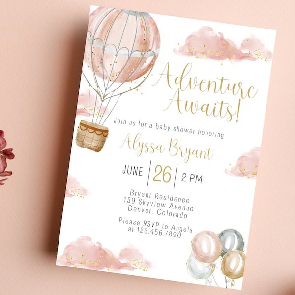 Adventure Awaits Baby Shower Invitation | Hot Air Balloon Baby Shower Invitation | Baby Girl Invitation | Baby Girl Baby Shower Invite