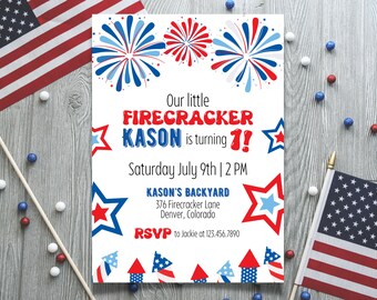 Little Firecracker Birthday Invitation | 4th of July Birthday Invitation | Patriotic Birthday Invitation | First Birthday Invitation
