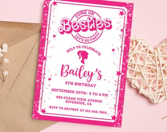 Pink Sparkle Birthday Invitation | Pink Doll Invitation Template | Hot Pink Doll Party Invite | Doll Invite | Girls Birthday Invitation