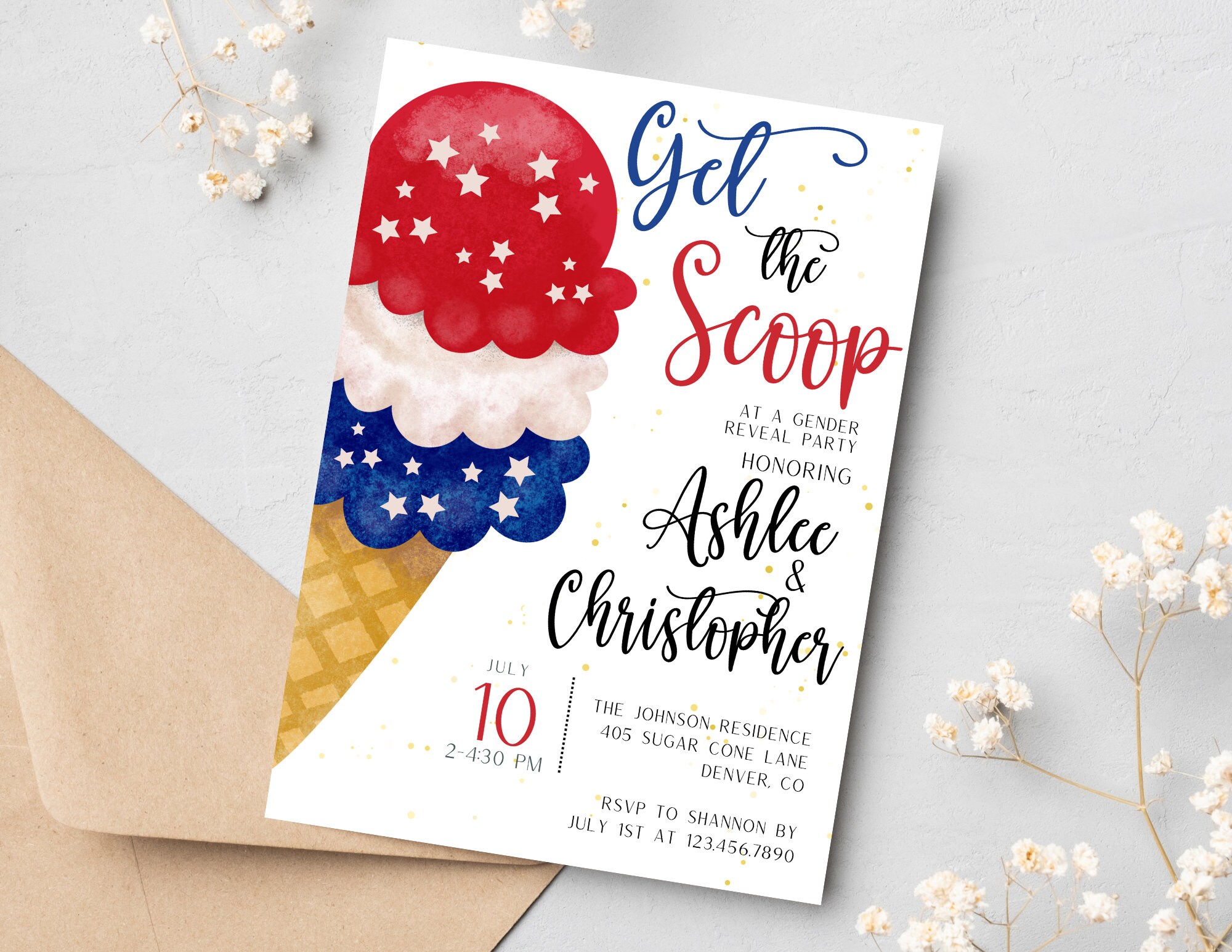Whats the Scoop Gender Reveal Invitation 4th of July Gender Reveal Invitation Ice Cream Gender Reveal Invite Boy or Girl