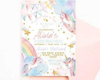 Unicorn uitnodiging voor feest, Rainbow uitnodiging, magische verjaardagsuitnodiging, Unicorn verjaardagsuitnodiging, Rainbow verjaardagsuitnodiging, Eenhoorn