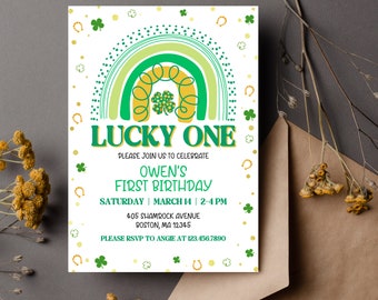 May include: A white invitation card with a green and yellow rainbow design, shamrocks, and the text "LUCKY ONE." It announces Owen's first birthday on March 14th at 405 Shamrock Avenue, Boston, MA. RSVP details are included.