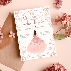 Rose Gold Floral Pink Quinceañera Invitation | Printable Editable Template | Crown Red Gold | Mis Quince 15 Anos Birthday | Quinceanera
