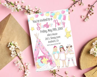 Slumber Party Birthday Invitation Template | Sleepover Party Invite | Girl Birthday Party Invitation Template | Editable Canva Template